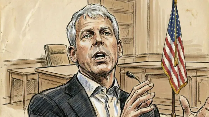 Ilustración artística de Chris Wright, secretario de Energía de EE. UU., en una oficina gubernamental con la bandera estadounidense.