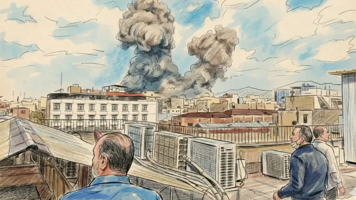 Ilustración de la ciudad de Teherán luego del bombardeo conjunto de Israel y ee.uu. Tres hombres iraníes están de pie en el primer plano de la azotea observando la columna de humo.